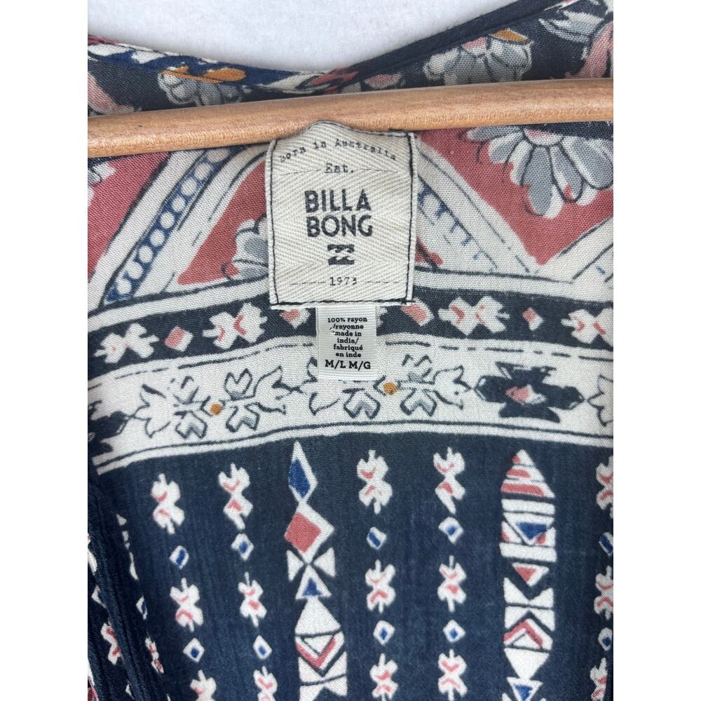 Billabong Boho Tribal Floral Open Front Kimono Cover Up M/L Navy Pink Rayon - Picture 4 of 6